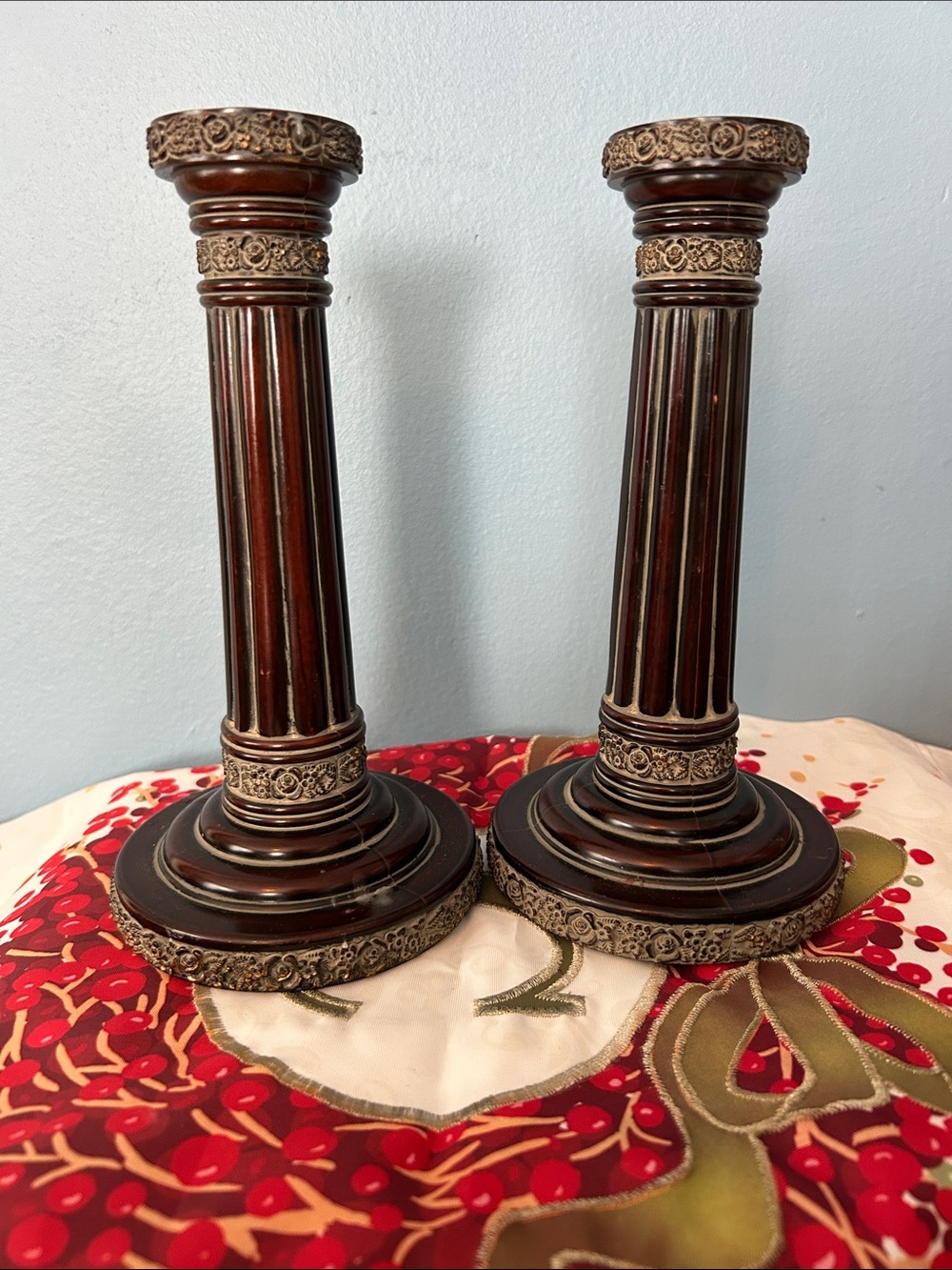 Vintage Pair of Maitland Smith Neoclassical Wood Metal fluted Candlesticks